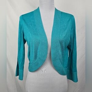 Chico's Silk Knit Turquoise Lightweight 3/4 Sleeve Open Cardigan sz 1 (M/8)